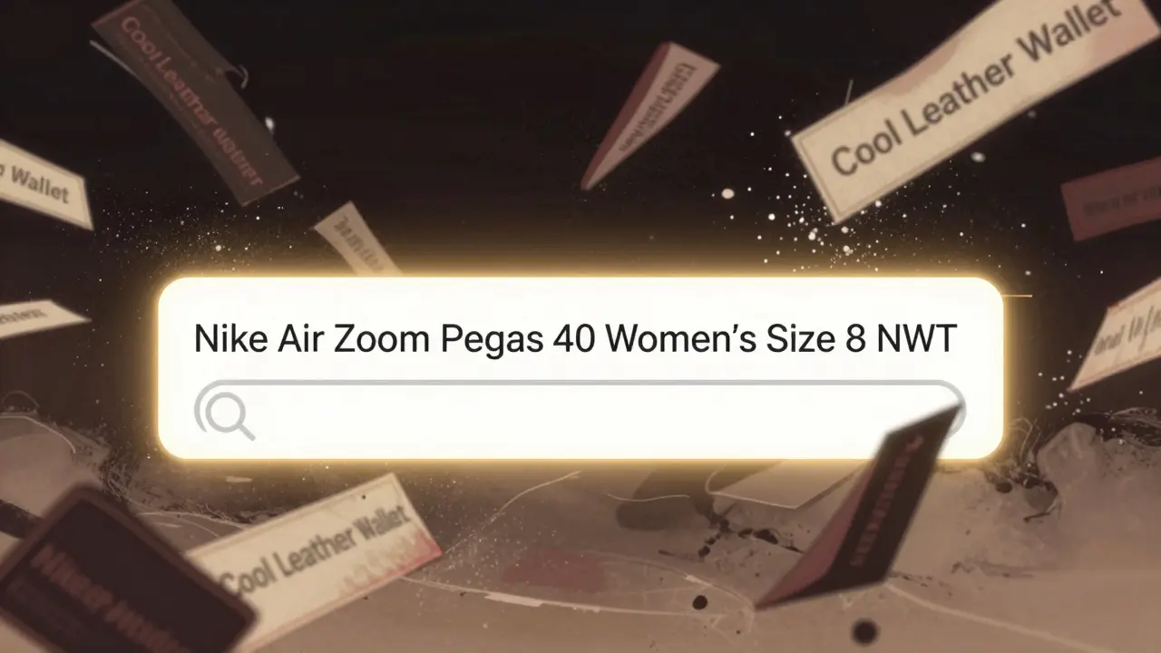 A messy eBay title dissolving into a clean, keyword-optimized title with glowing search symbols in retro anime style.