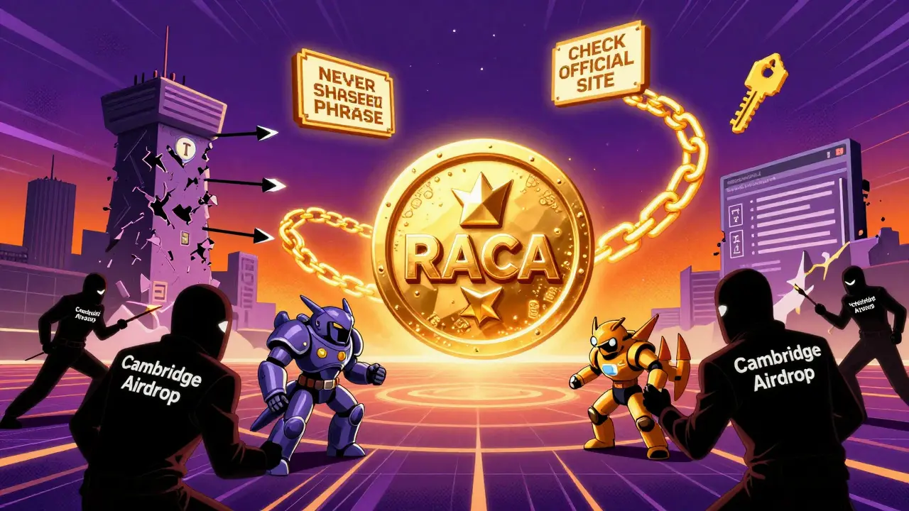 A RACA token defended by Metamon heroes against scammer figures on a digital battlefield in retro anime style.
