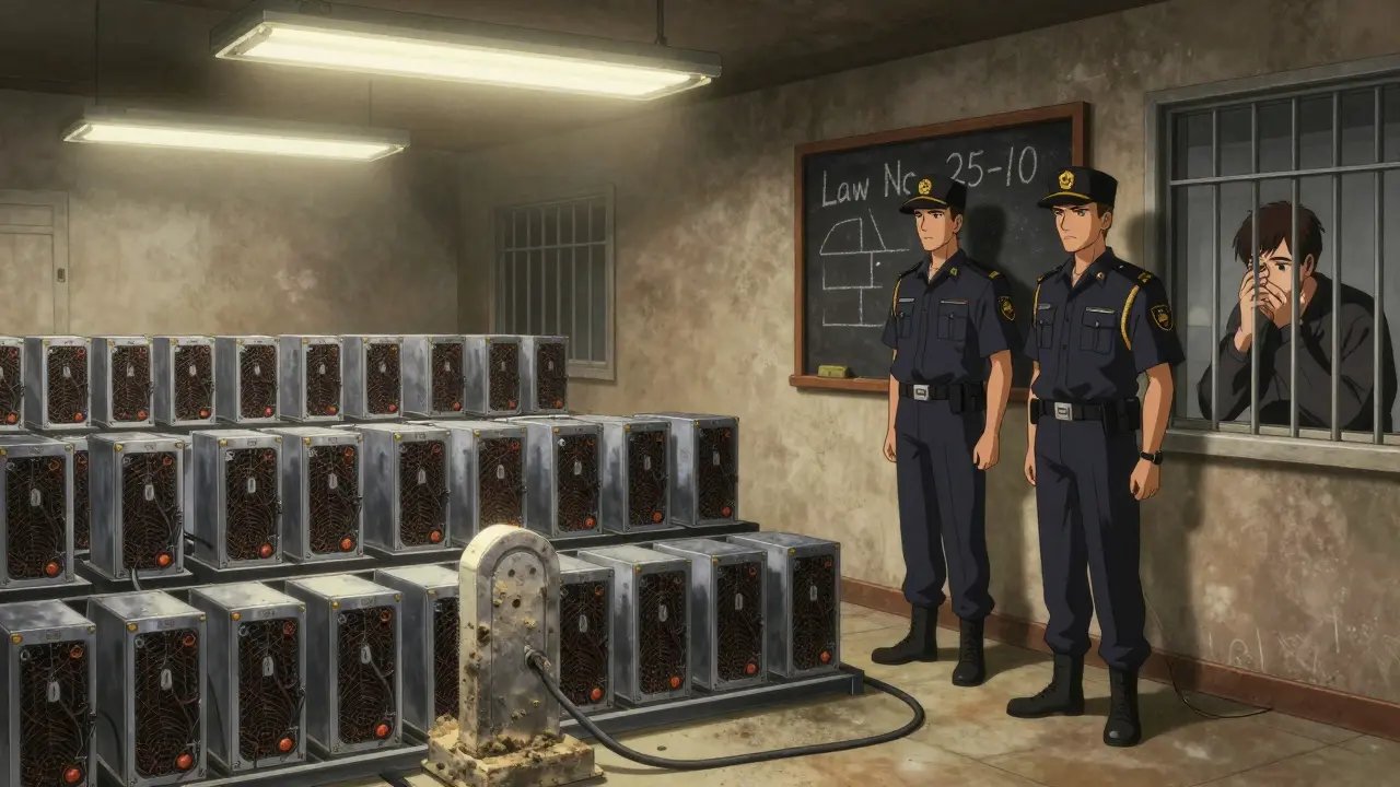 A raided crypto mining farm with dozens of seized ASIC miners and officers standing beside a legal notice.