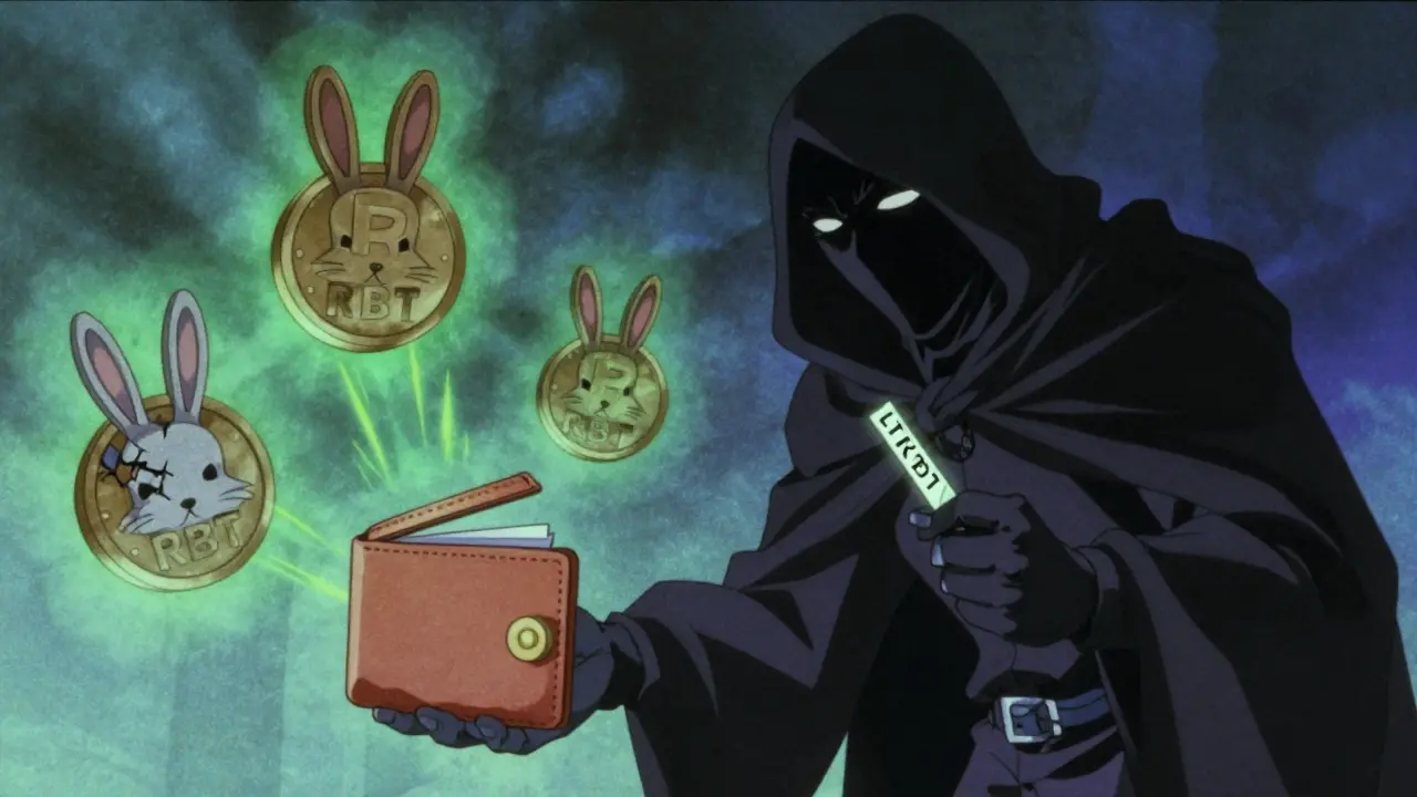 A shadowy scammer reaches for a wallet as three rabbit tokens float behind, one dead, one active, one fading.