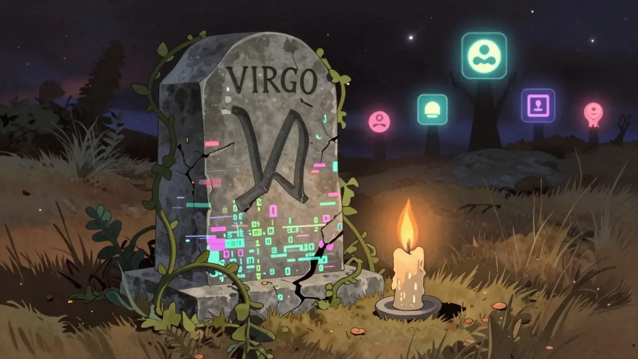 A tombstone for Virgo is carved into a blockchain ledger, with digital vines and a binary candle burning beside it.