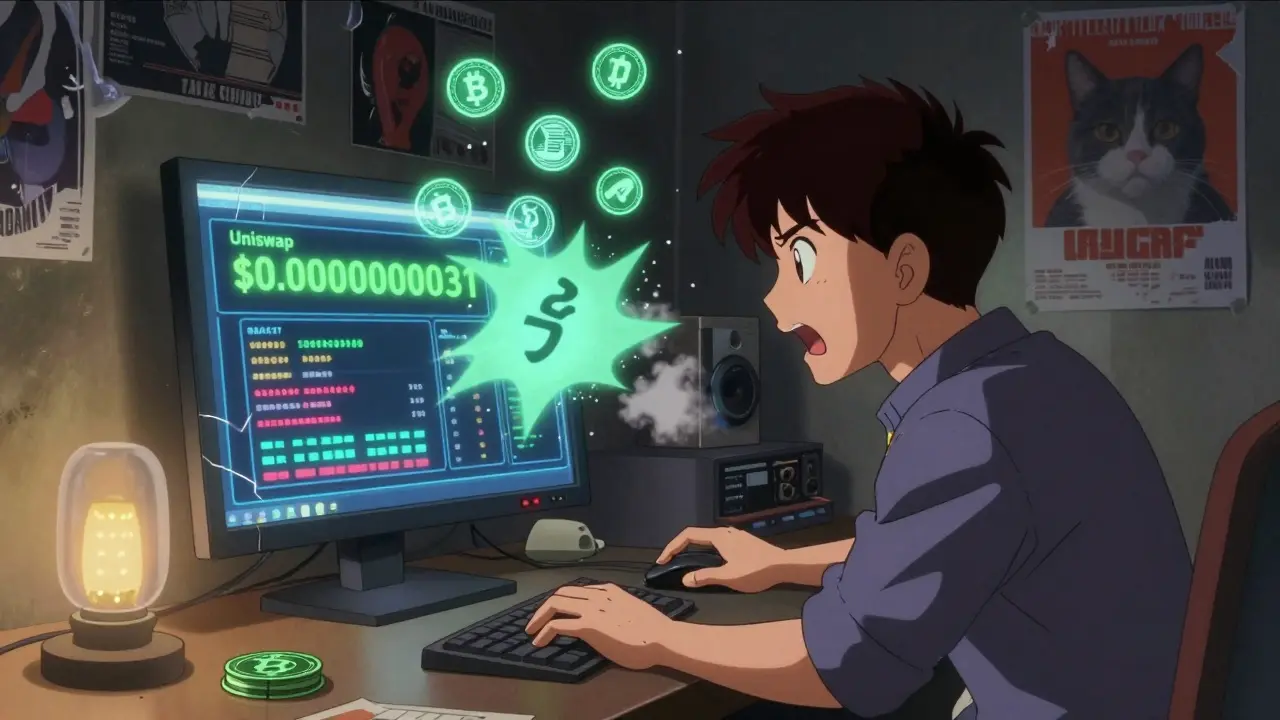 A trader surrounded by exploding daCAT tokens in a dim room with glowing gas fee warnings.