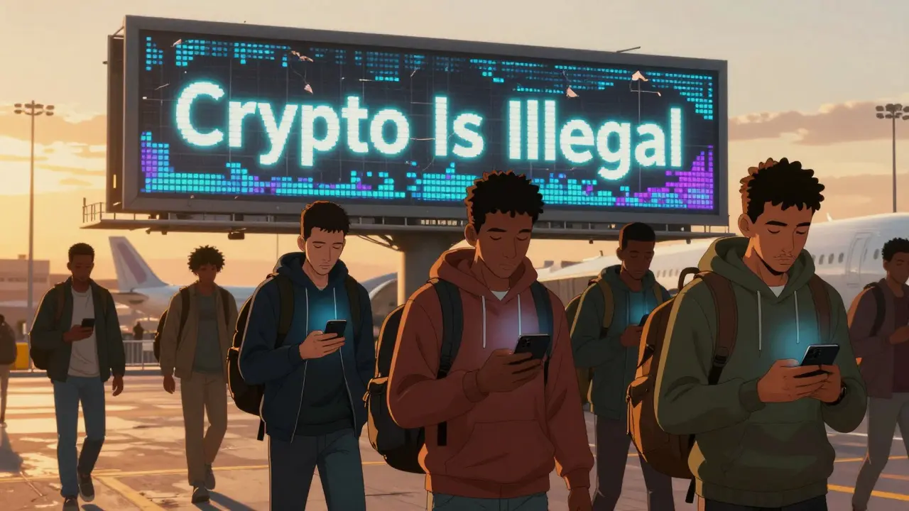 Algerian tech workers boarding a plane at night, glowing wallets in hand, as a banned crypto billboard fades behind them.