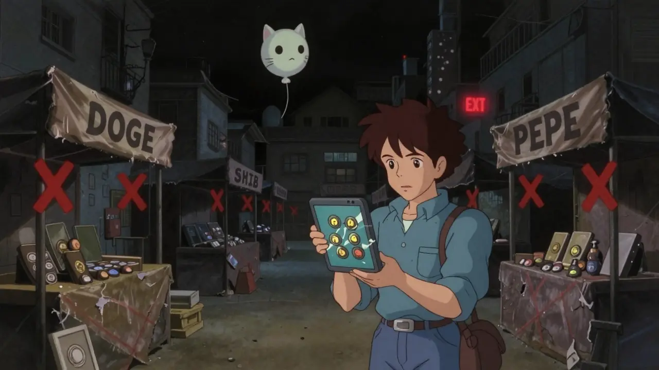 An abandoned crypto marketplace with one vendor selling daCAT as ghostly cat balloons drift away.