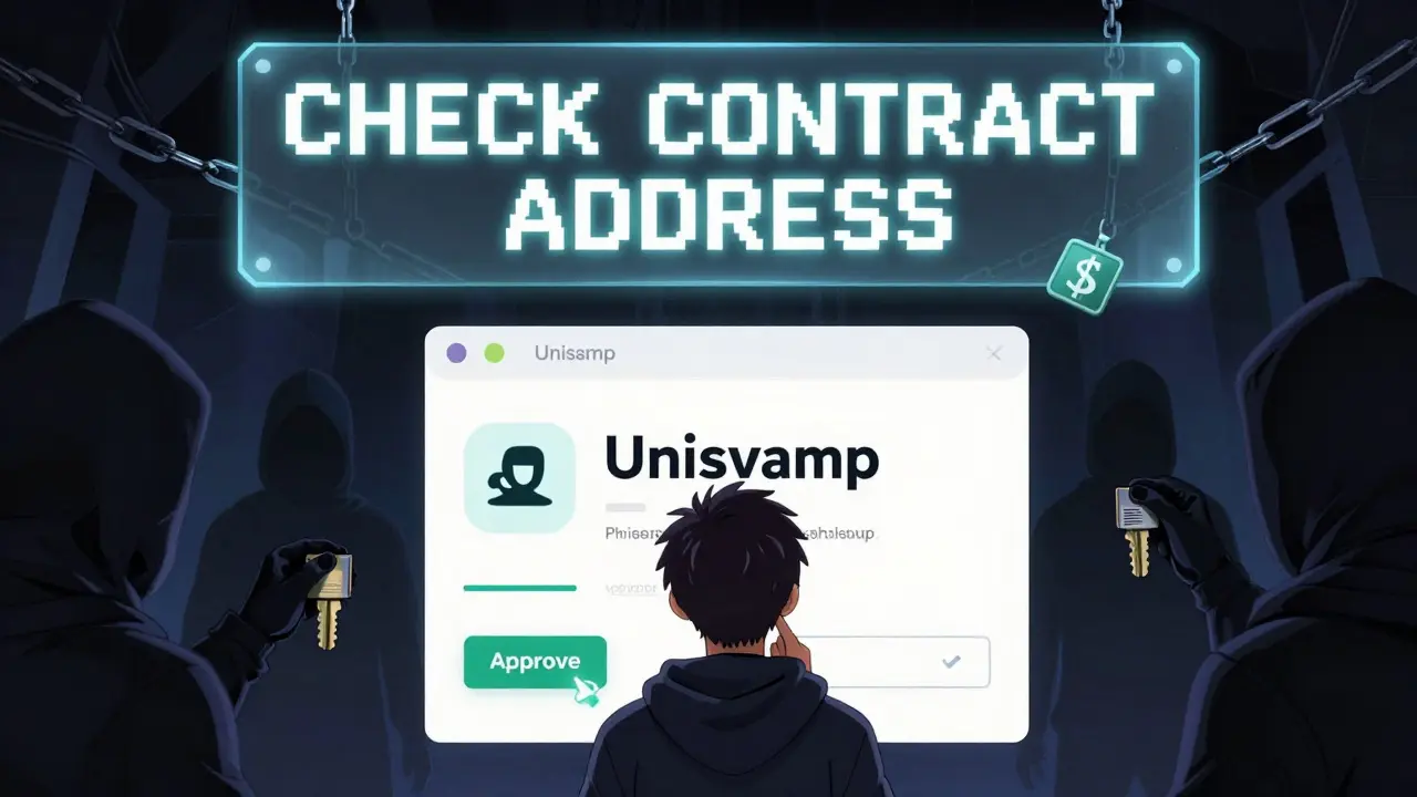 Anime-style user about to approve a malicious transaction, with hacker shadows and a warning sign overhead.