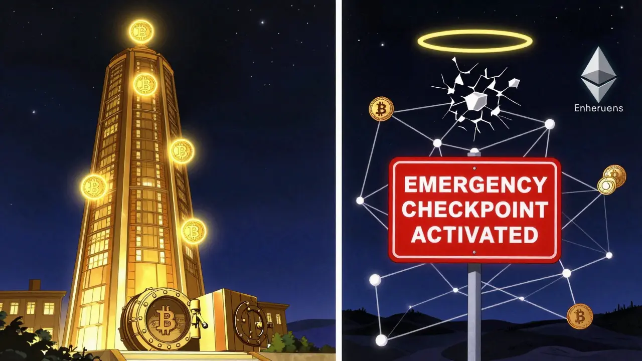 Bitcoin's secure tower contrasts with a collapsing altcoin network as emergency checkpoints activate in retro anime style.