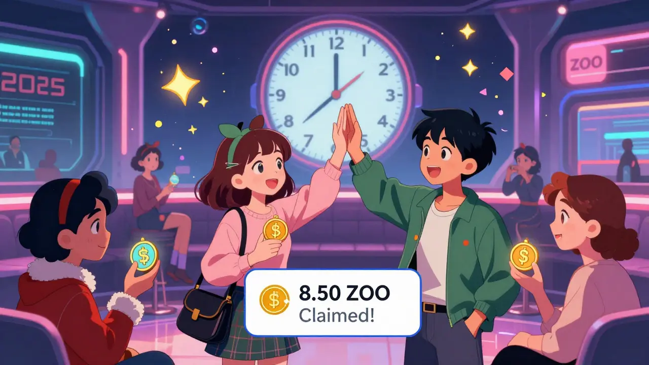 Celebratory virtual party with users holding ZOO tokens as digital ornaments under a midnight clock.