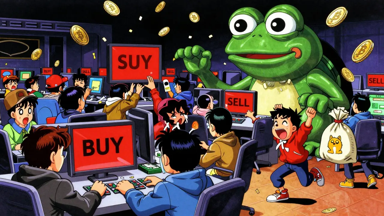 Chaotic trading floor with anime characters reacting to falling memecoins under a giant Pepe statue.