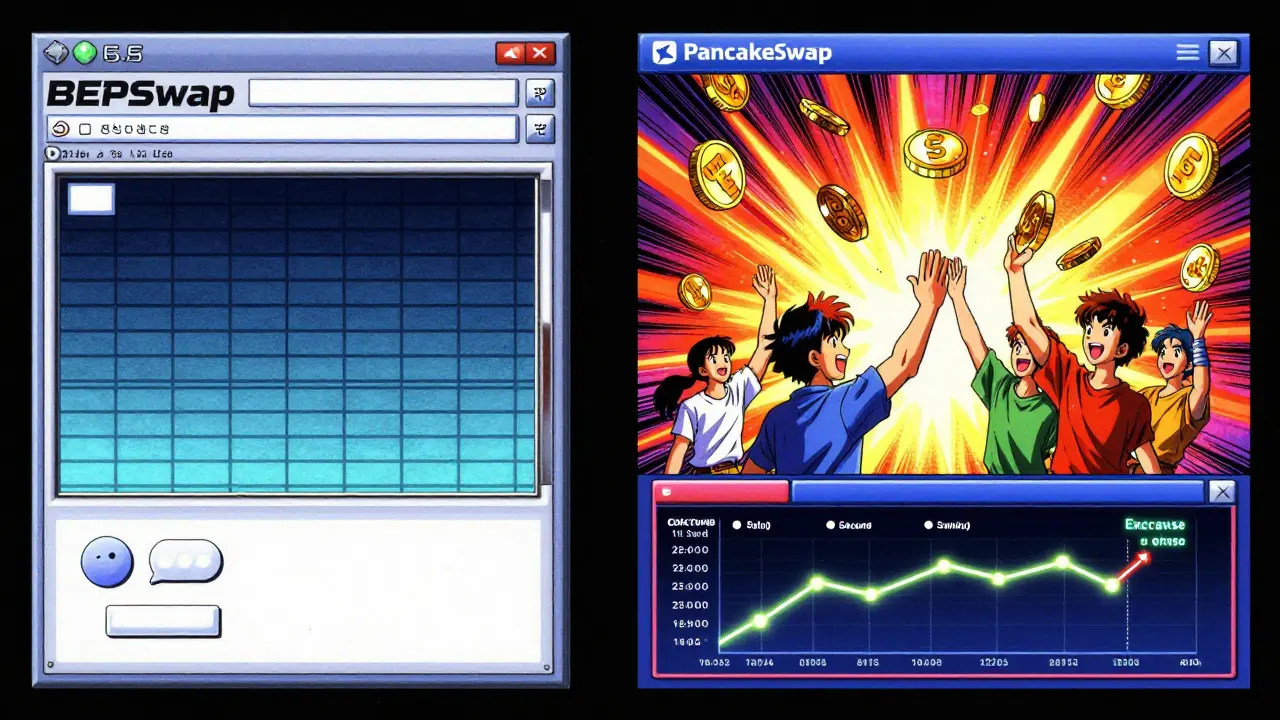 Contrasting BEPSwap’s dead interface with PancakeSwap’s lively community in 90s anime aesthetic.