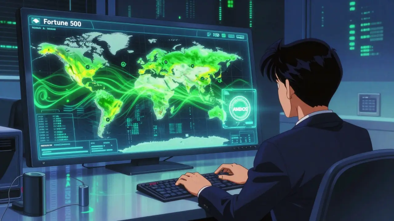 Corporate dashboard showing live global air quality data with AMBIOS tokens glowing in retro anime style.