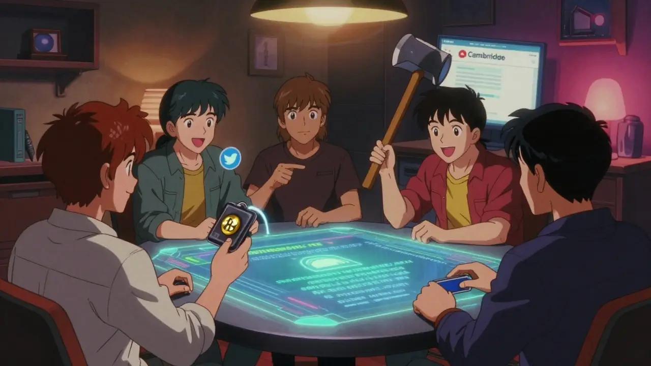 Crypto enthusiasts watching an official RACA airdrop announcement on a hologram in a cozy neon-lit room, retro anime style.