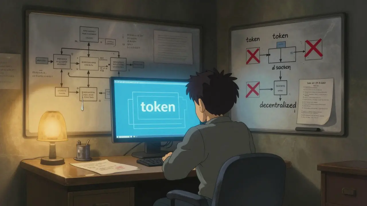 Developer surrounded by censored blockchain diagrams, tear on legal document.