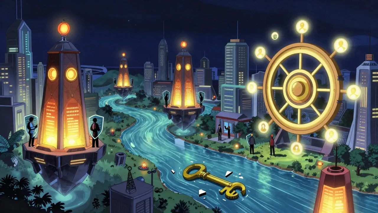 Futuristic decentralized city with zero-knowledge shields and SNS governance wheel, broken admin key on ground.