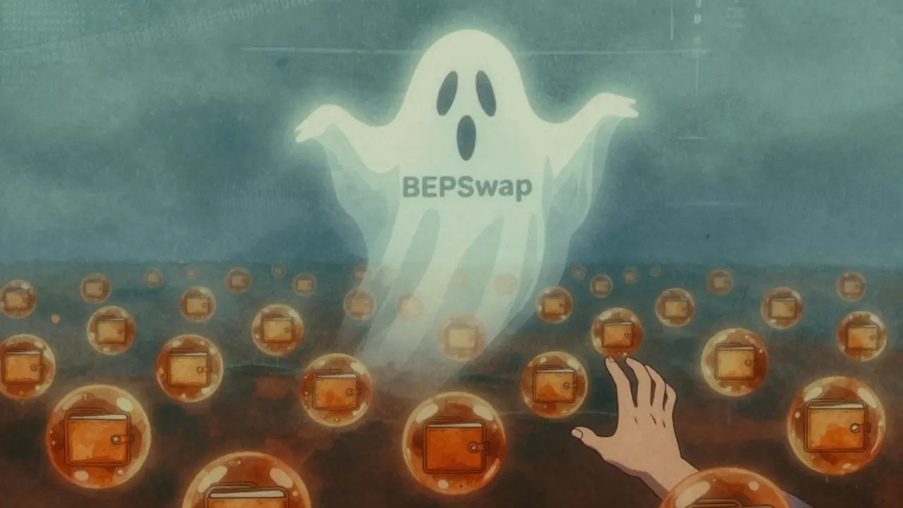 Ghostly BEPSwap logo dissolving above trapped wallets in a blockchain ocean, retro anime style.