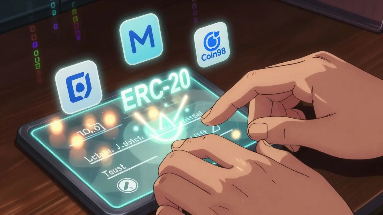 Hand entering a wallet address into a holographic form with crypto wallet icons surrounding it.