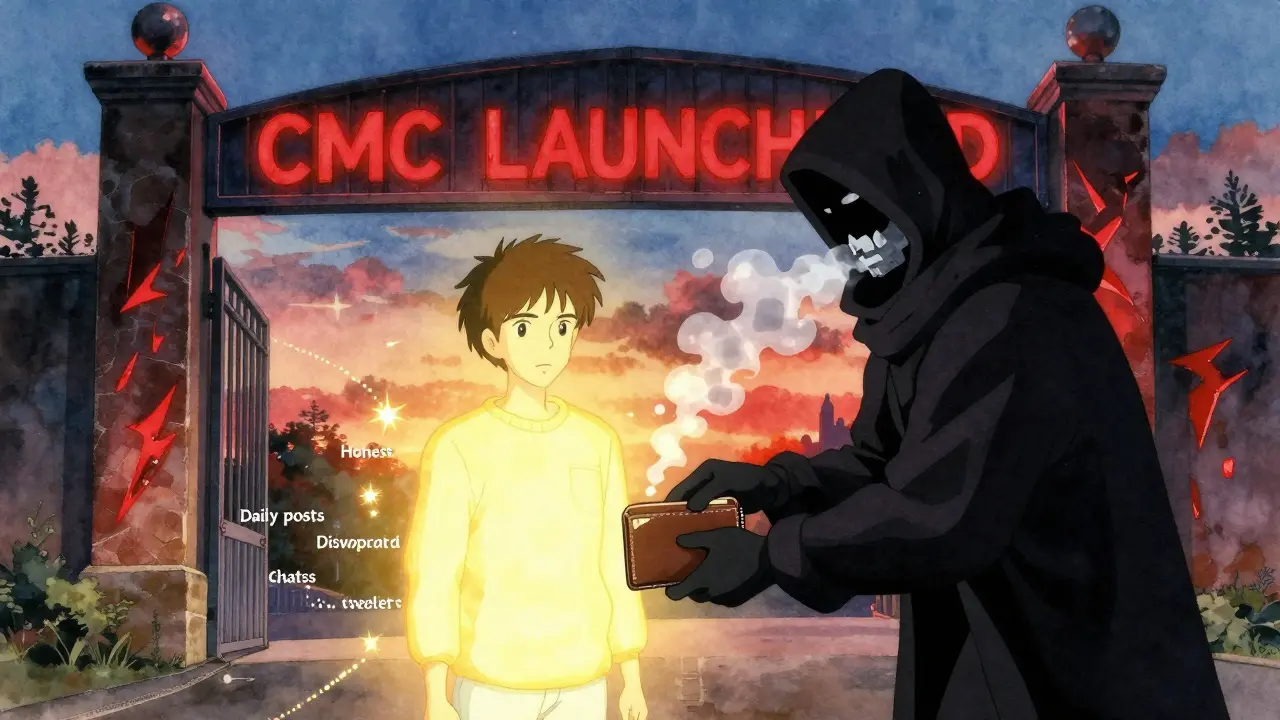 Honest user standing firm against scammer trying to steal wallet, glowing path of engagement behind them.