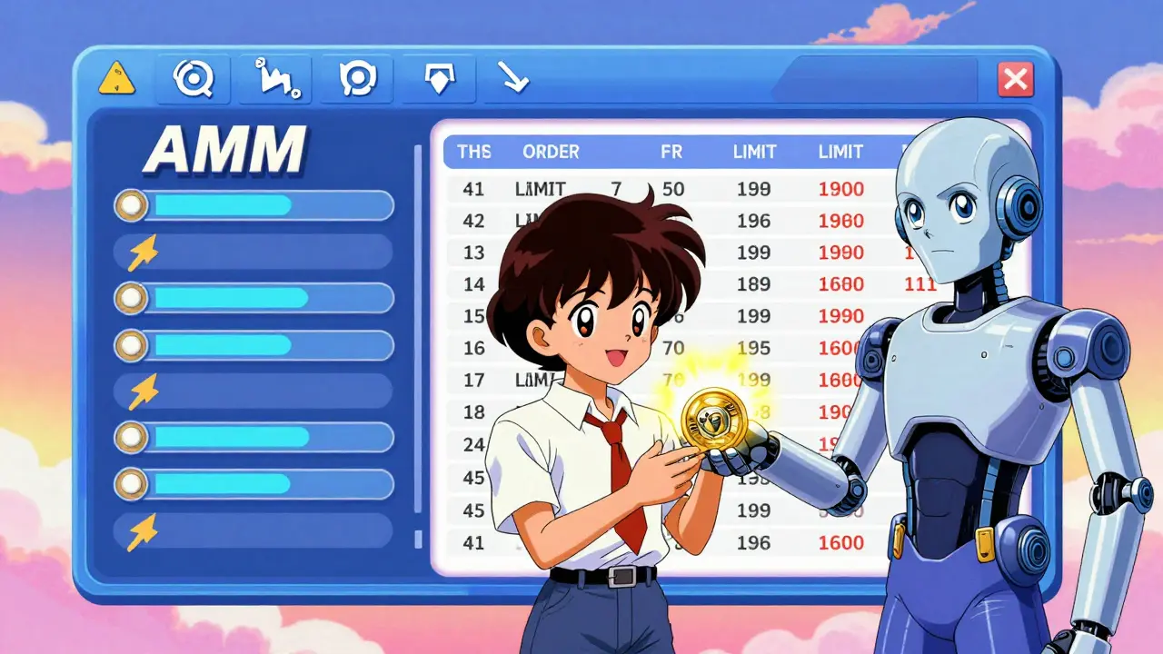 Hybrid crypto exchange interface showing AMM and order book side by side, trader receiving fee rewards.