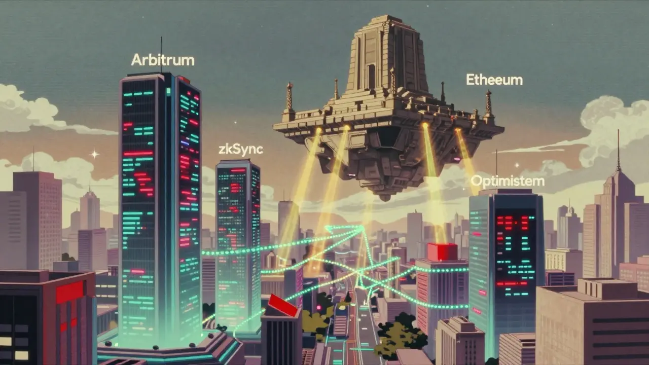 Modular blockchain city with execution layer towers and Ethereum temple glowing above.