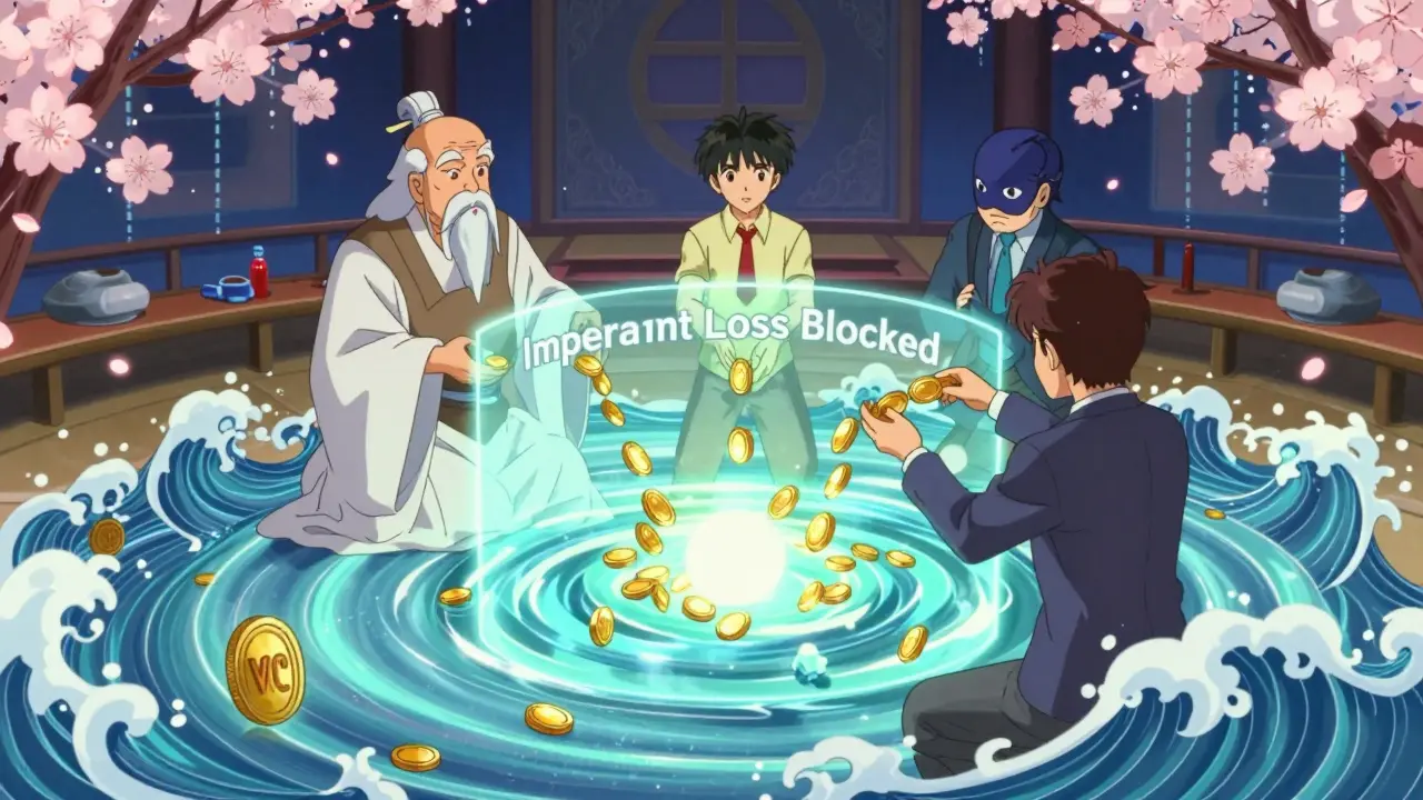 Mystical liquidity pool vortex guarded by three figures, symbolizing Protocol Owned Liquidity in DeFi.