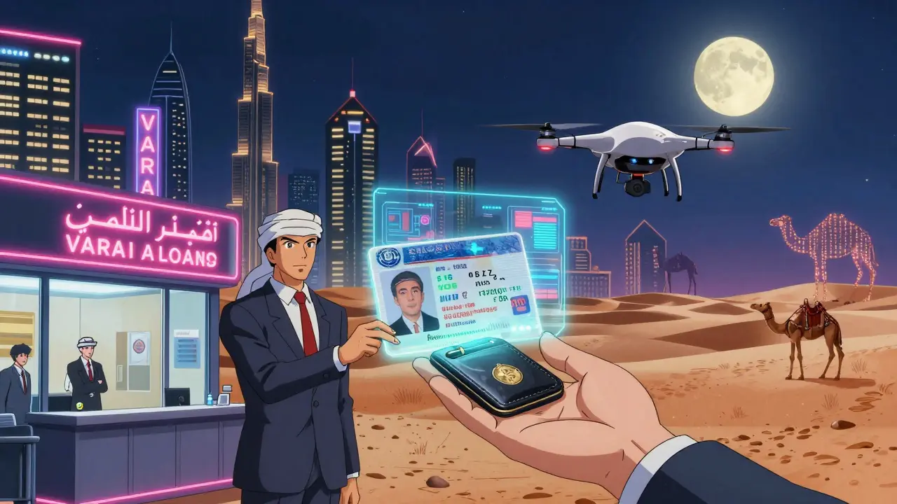 Neon Dubai skyline with holographic crypto charts and VARA visa being handed out