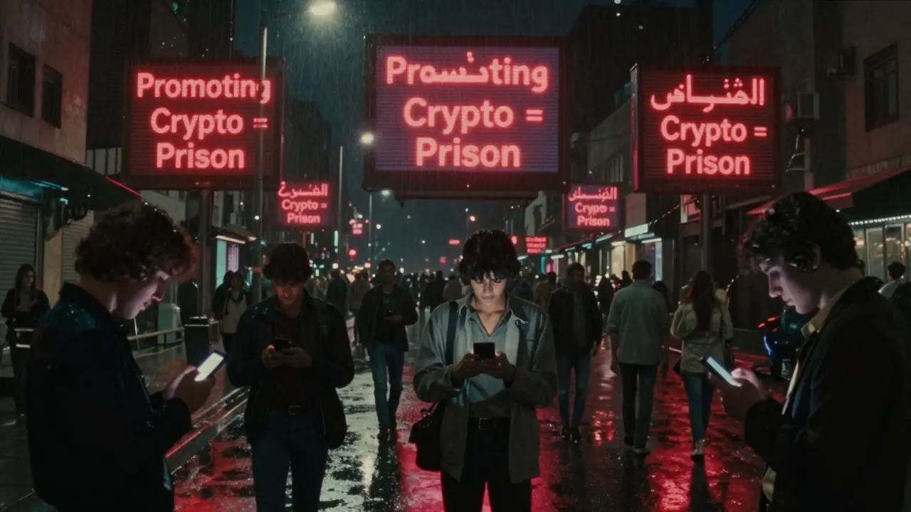 People using crypto secretly at night, giant prison warning signs glowing overhead.
