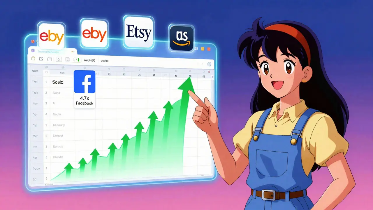 Seller watching her inventory sync across platforms with glowing icons and rising sales arrows in retro anime style.