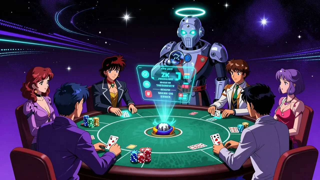 Space poker game with robotic judge verifying proofs using cryptographic magnifying lens.