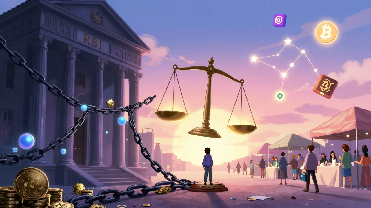 Split scene: dark RBI chains vs. radiant crypto freedom, Supreme Court gavel breaking bonds in retro anime style.