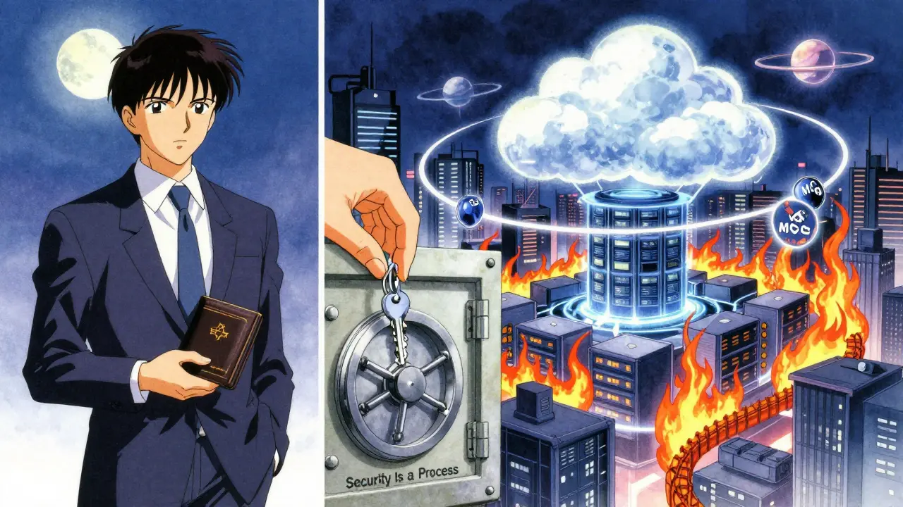 Split scene: individual with hardware wallet vs. multi-cloud HSM network, symbolizing security scales in retro anime style.