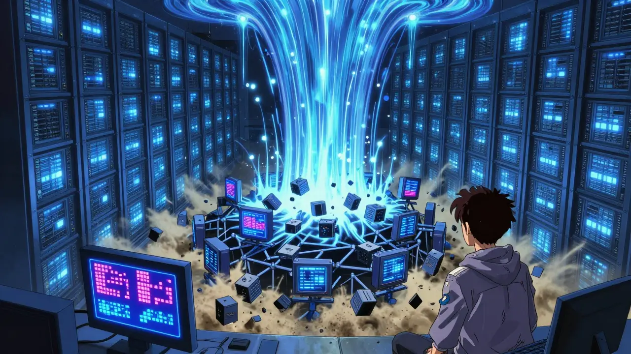 Thousands of cloud CPUs flooding a small blockchain network with hash power in a dystopian cyberpunk anime scene.