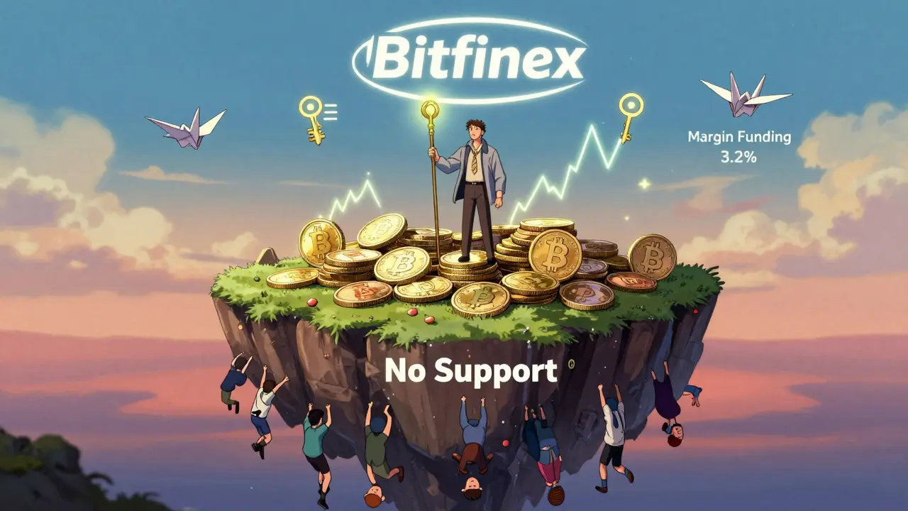 Trader on a coin island above a void of frustrated users, with Bitfinex logo shining above.