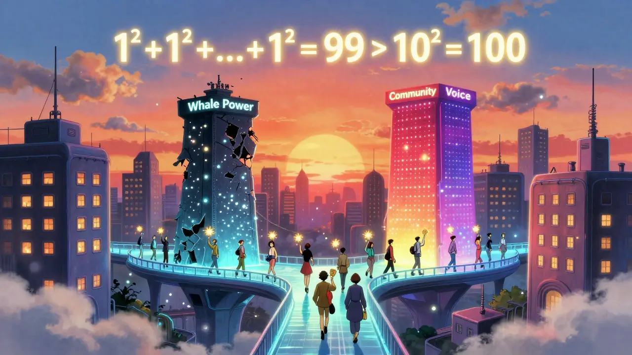 A city of voting buildings connects a crumbling whale tower to a vibrant community bridge, with thousands of tiny lights symbolizing collective votes.