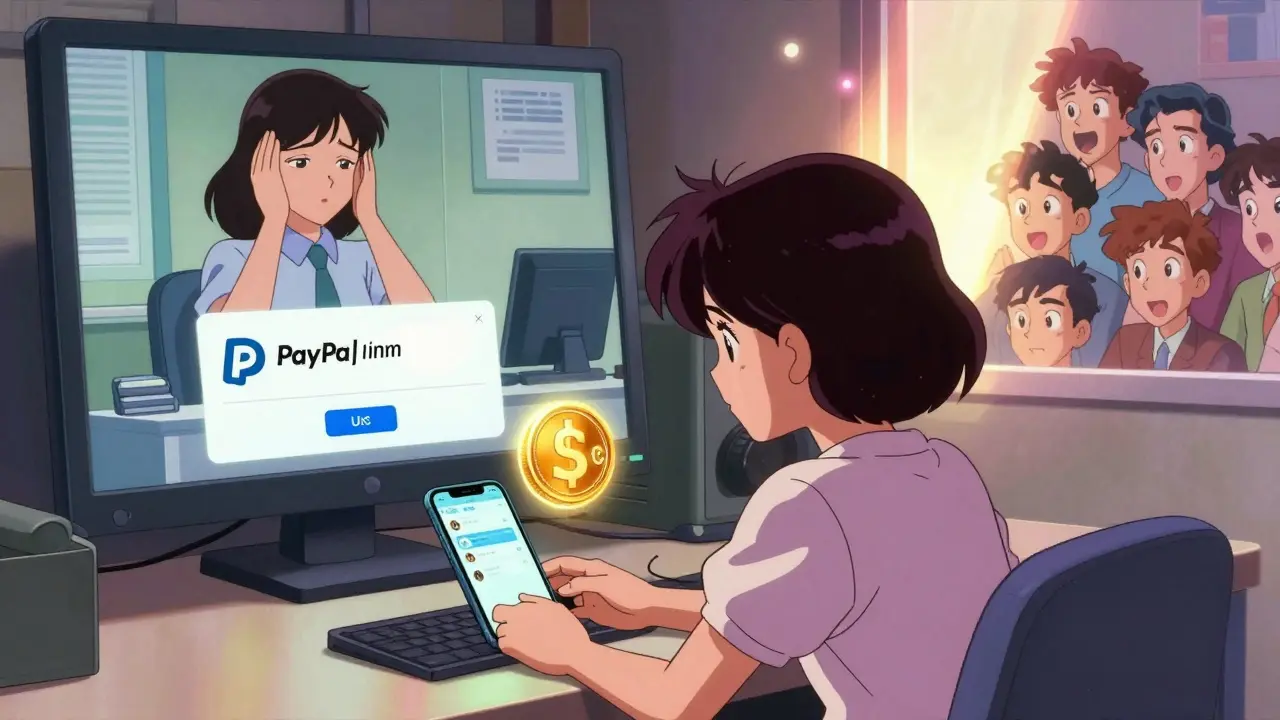 A creator in Jakarta receives instant crypto payments, contrasting past payment rejections with glowing modern transactions.