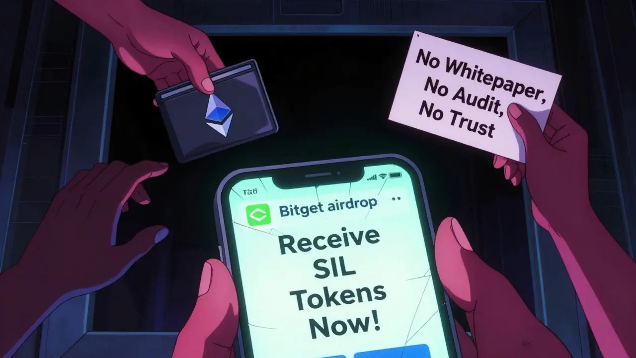 A fake airdrop notification on a smartphone as shadowy hands reach from a dark portal.