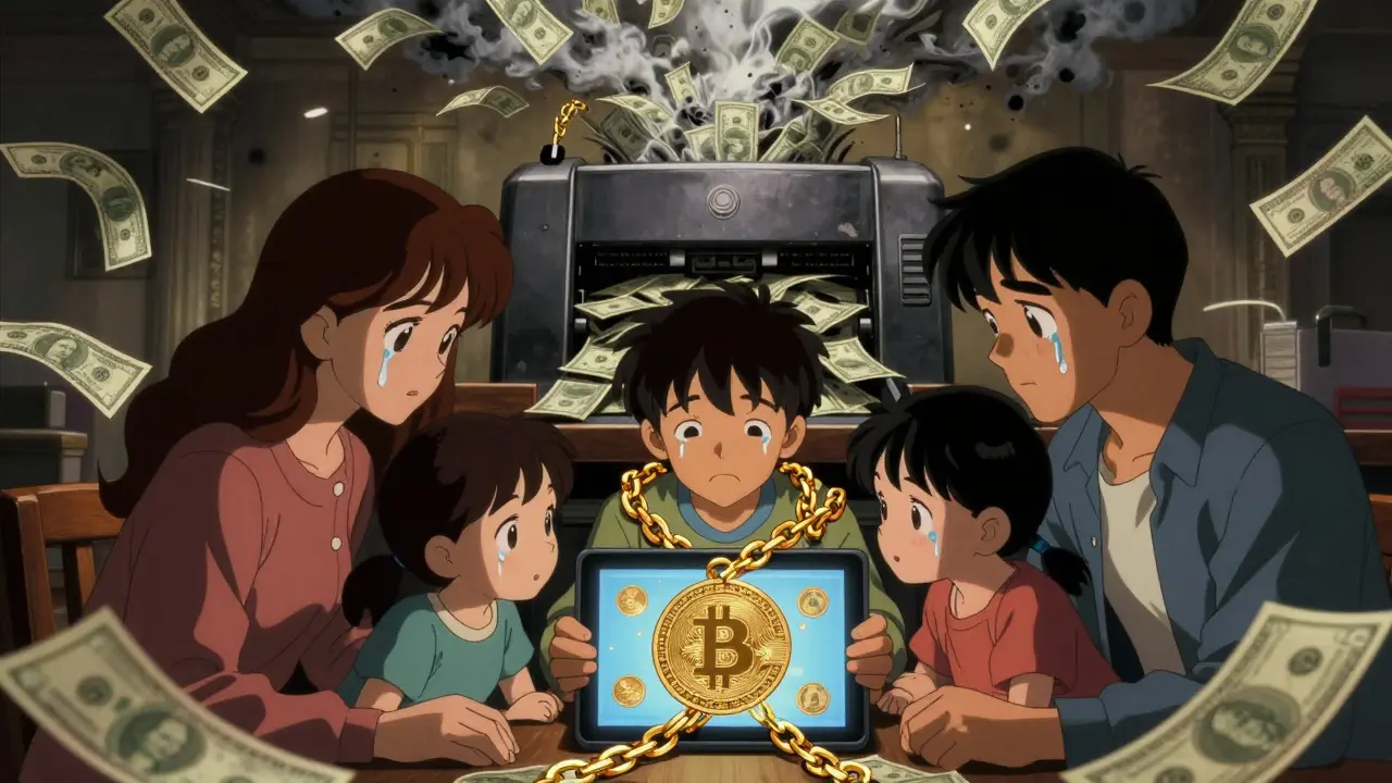 A family in Argentina protected by a digital Bitcoin chain as fiat money crumbles into ash behind them, symbolizing inflation resistance.