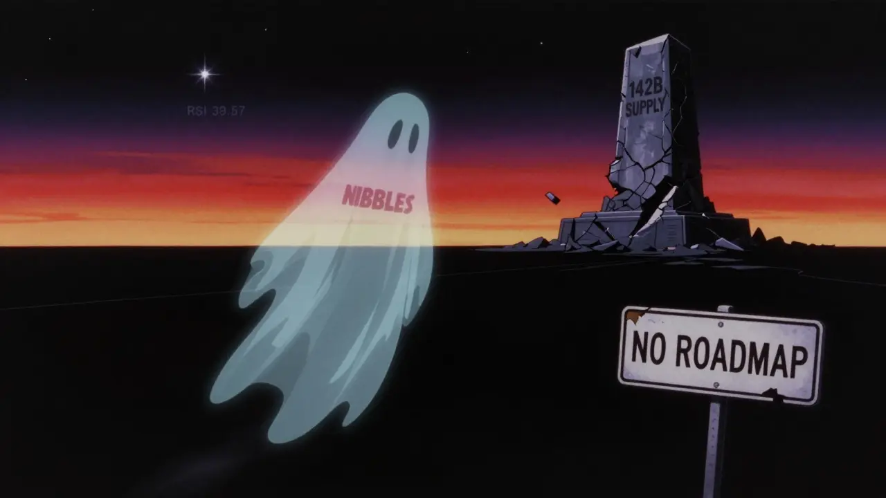 A ghostly NIBBLES logo drifts through an empty digital wasteland with a broken 'NO ROADMAP' sign.