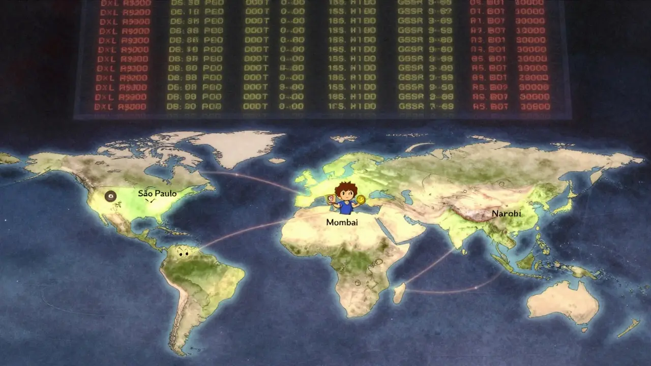 A global map glows with crypto payment routes between creators and fans, with a blockchain ledger in the sky displaying ownership records.