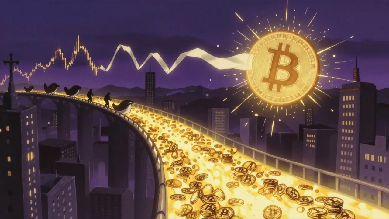 A glowing Bitcoin blockchain flows through a city, with Bollinger Bands expanding and contracting like elastic ribbons.
