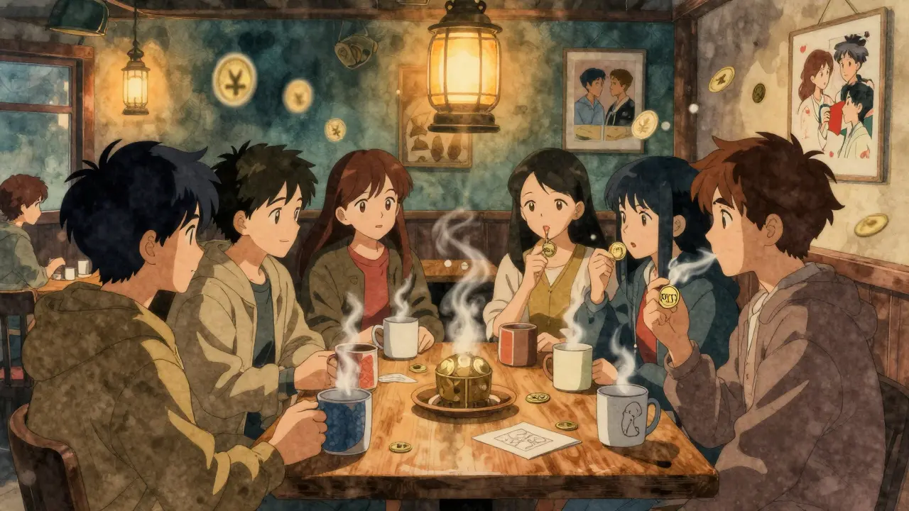 A group of people gather in a cozy lounge, sharing stories while holding BRITT tokens and handmade art.