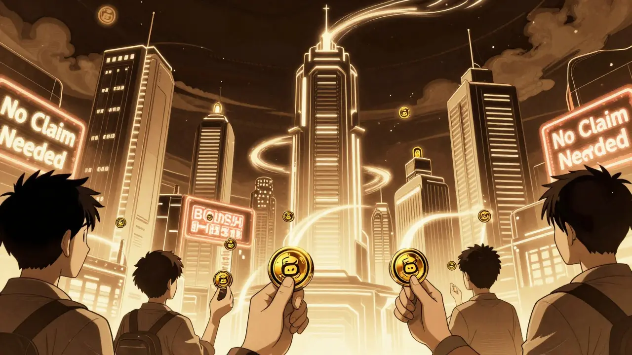 A neon city where CAKE tokens flow into the sky from buildings, as citizens hold BonusCake tokens silently earning rewards.