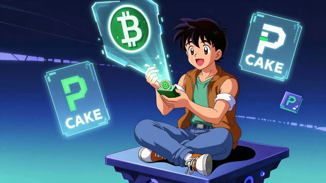 A person receiving automated CAKE rewards from a glowing smart contract, with PancakeSwap logos swirling around them.
