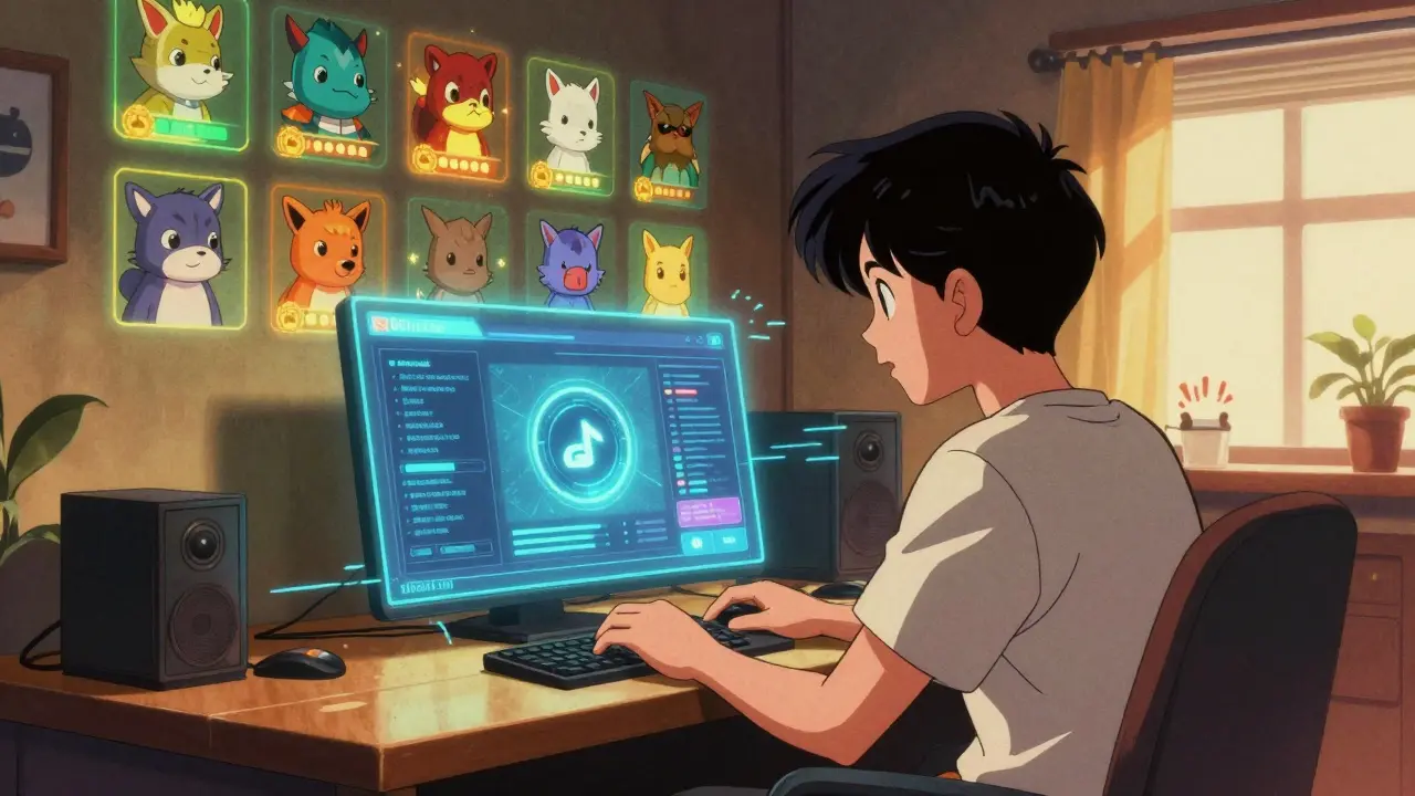 A player connecting a wallet to a holographic blockchain interface surrounded by glowing NFT avatars.