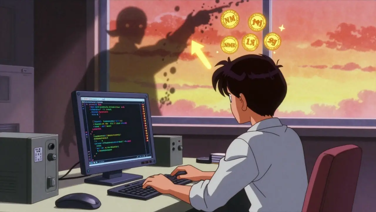 A programmer stares at a leaderboard as glowing NMR tokens rise above them, while a failed model dissolves into ash behind.
