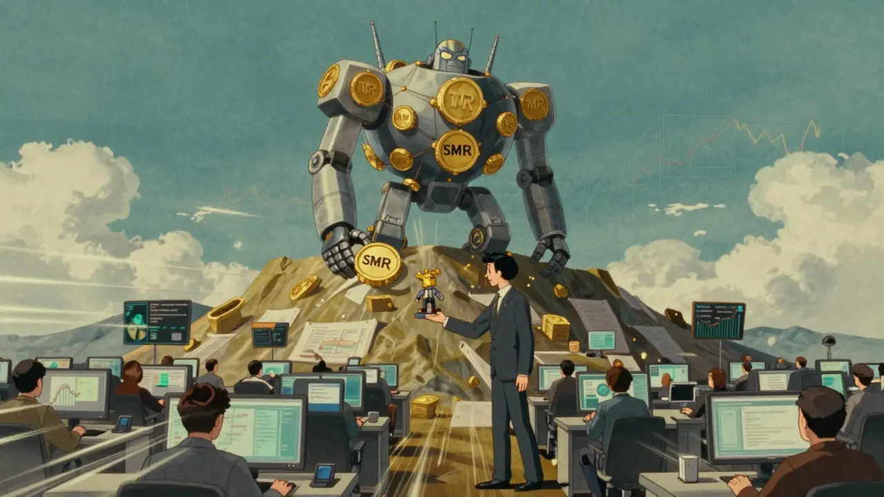 A robotic hedge fund entity shakes hands with a data scientist as thousands submit predictions beneath a mountain of financial charts.