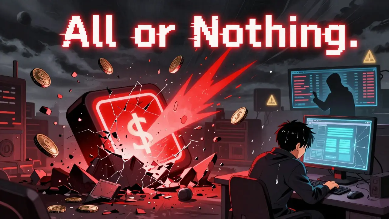 A shattered smart contract collapses as a coder loses to gas fees, with a shadowy hacker manipulating prices in a stormy digital landscape.