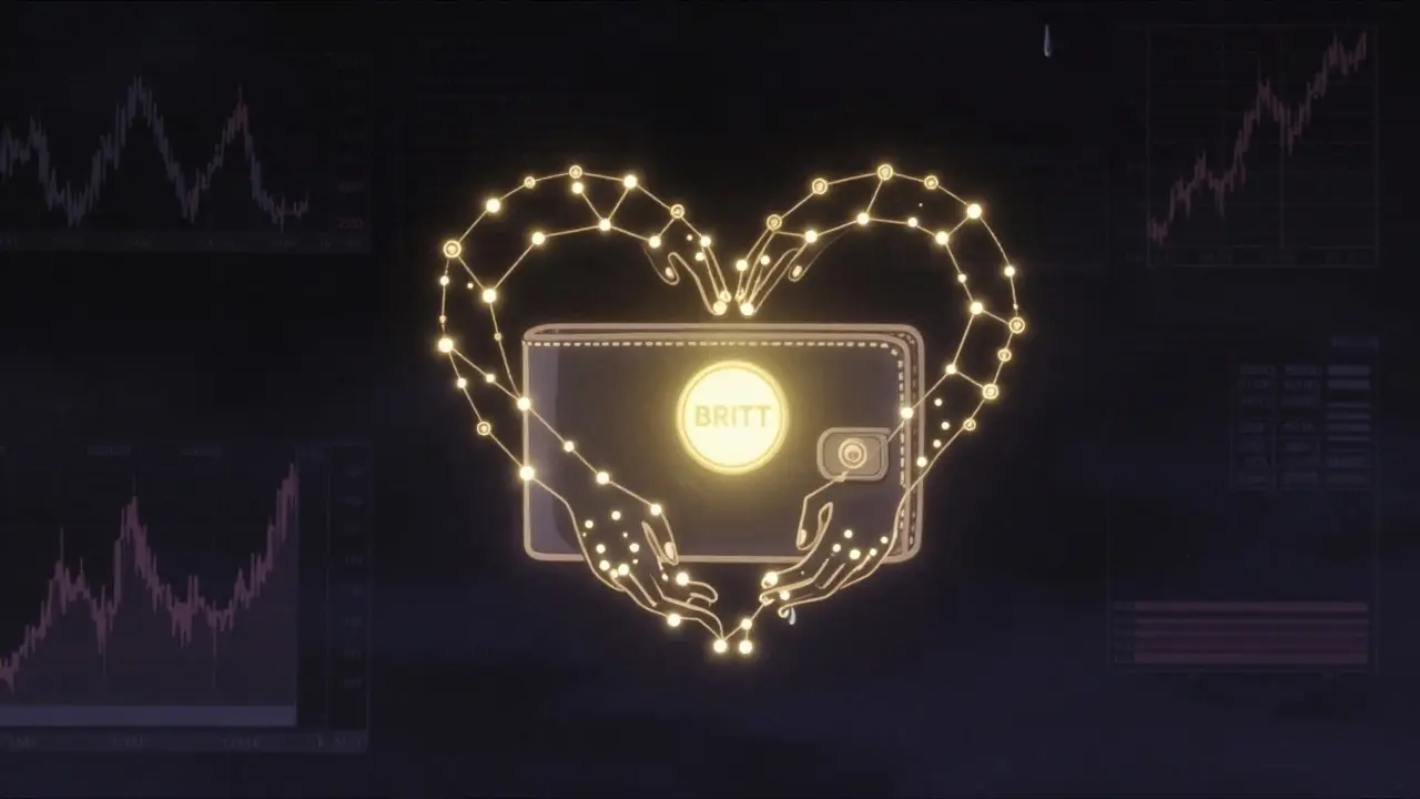 A single BRITT token radiates light among thousands of wallet addresses forming heart-shaped constellations.