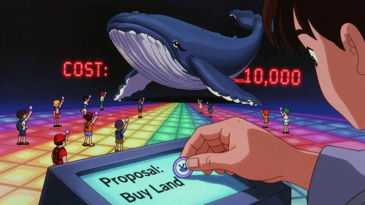 A small voter places one credit while a whale’s attempt to cast 100 votes is blocked by an exponential cost warning, surrounded by glowing vote counters.
