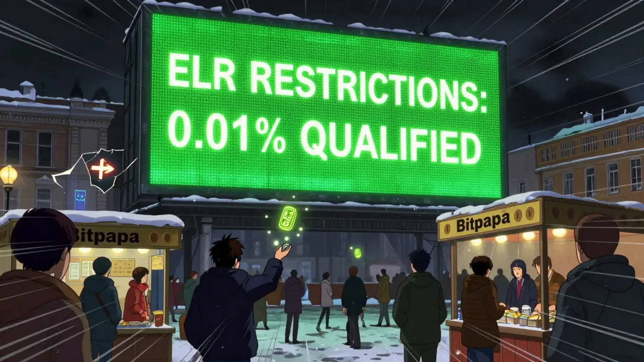 A snowy city square with a billboard showing ELR restrictions as people trade A7A5 tokens at P2P kiosks.