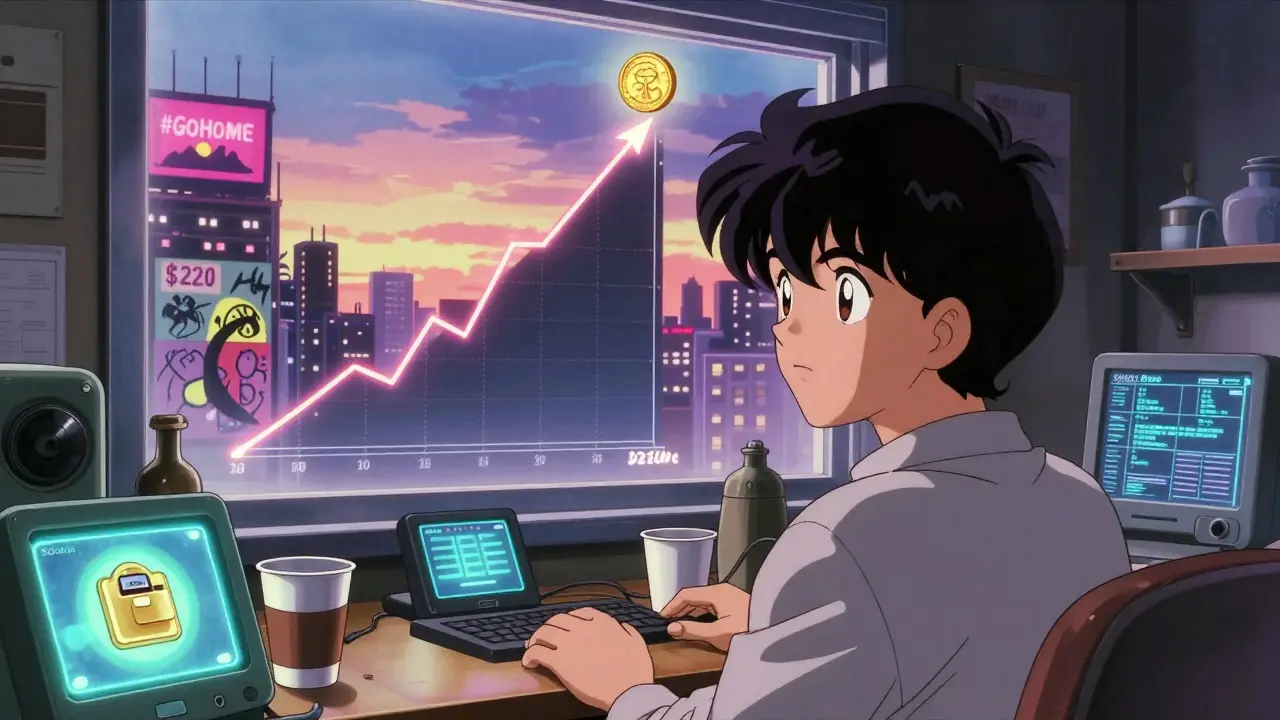 A trader staring at a soaring GOHOME price chart with a floating token and city billboards in background.