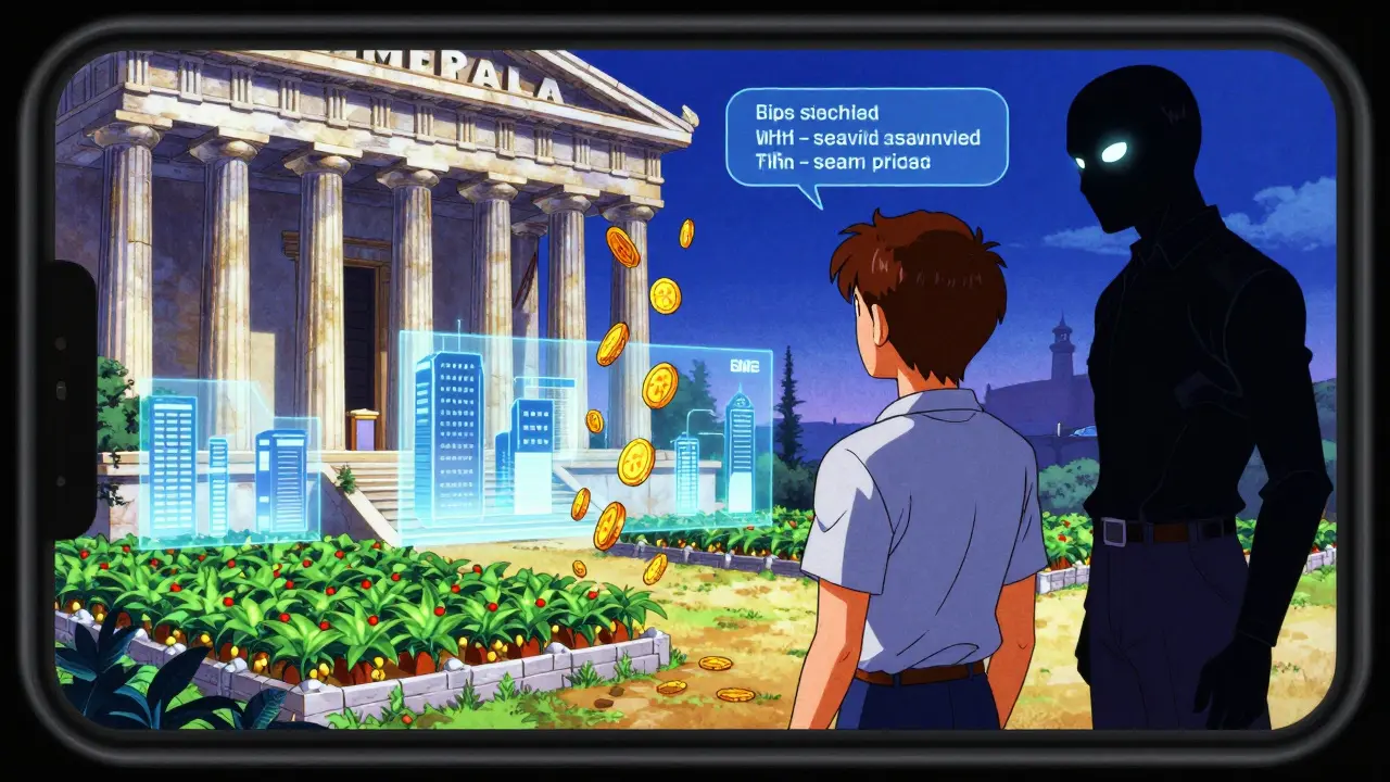 A trader views holographic city upgrades on a mobile interface shaped like a Greek temple, with SPARTA tokens raining down and an AI coach nearby.